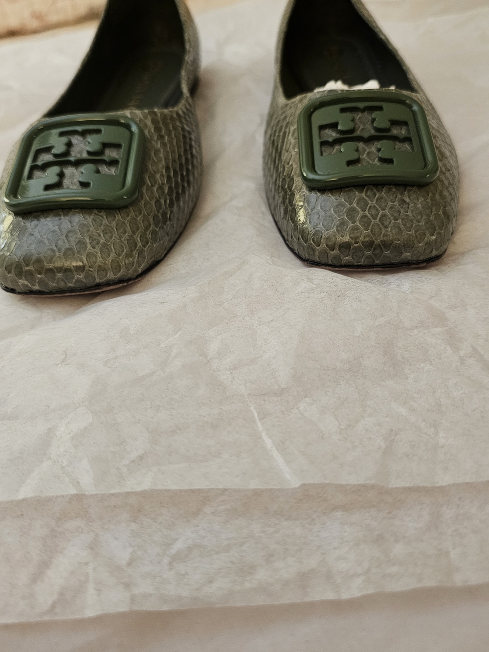 Tory Burch Green Snake-Embossed Logo Ballet Flat
